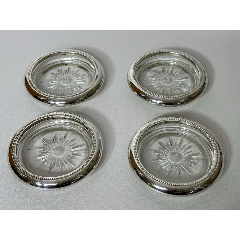 Vintage Leonard Crystal and Silver Plate Coaster‎ Ashtray Set of 4 Italy In Box